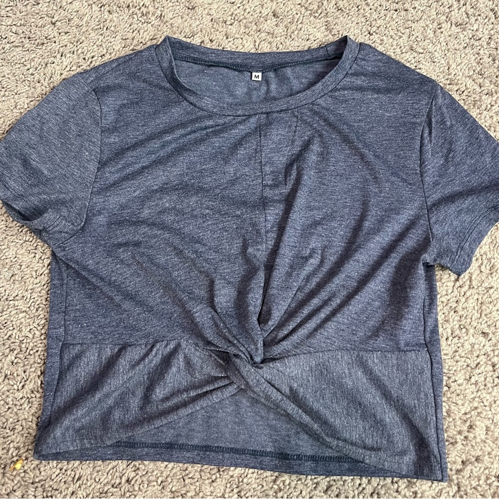 Blue Cropped Cross Front Cotton Tee Women M